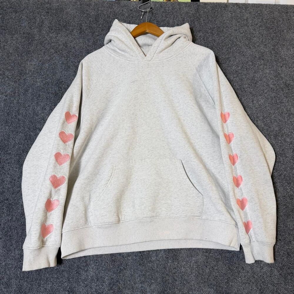 Dandy Worldwide Gray Hoodie Pink Hearts on Sleeves Embroidered Size M